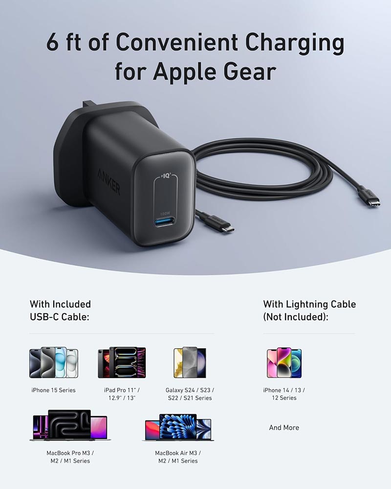 Anker Nano 100W USB-C Wall Charger with 6ft USB-C Cable B2679K11 Black