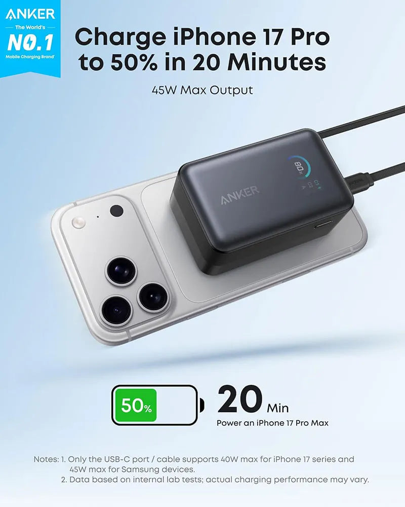 Anker Nano 10K 45W Power Bank with Retractable USB-C Cable A1638H11 Black