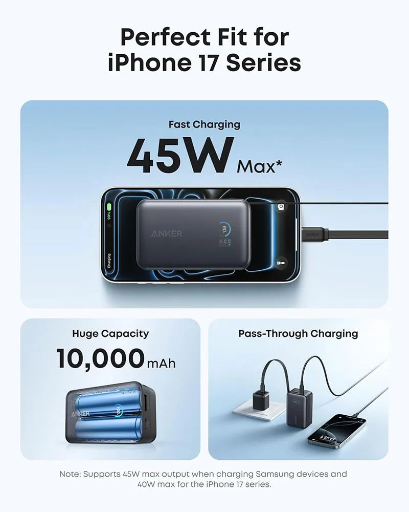 Anker Nano 10K 45W Power Bank with Retractable USB-C Cable A1638H11 Black