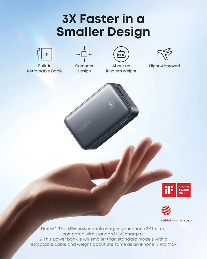 Anker Nano 10K 45W Power Bank with Retractable USB-C Cable A1638H11 Black