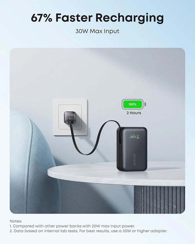 Anker Nano 10K 45W Power Bank with Retractable USB-C Cable A1638H11 Black