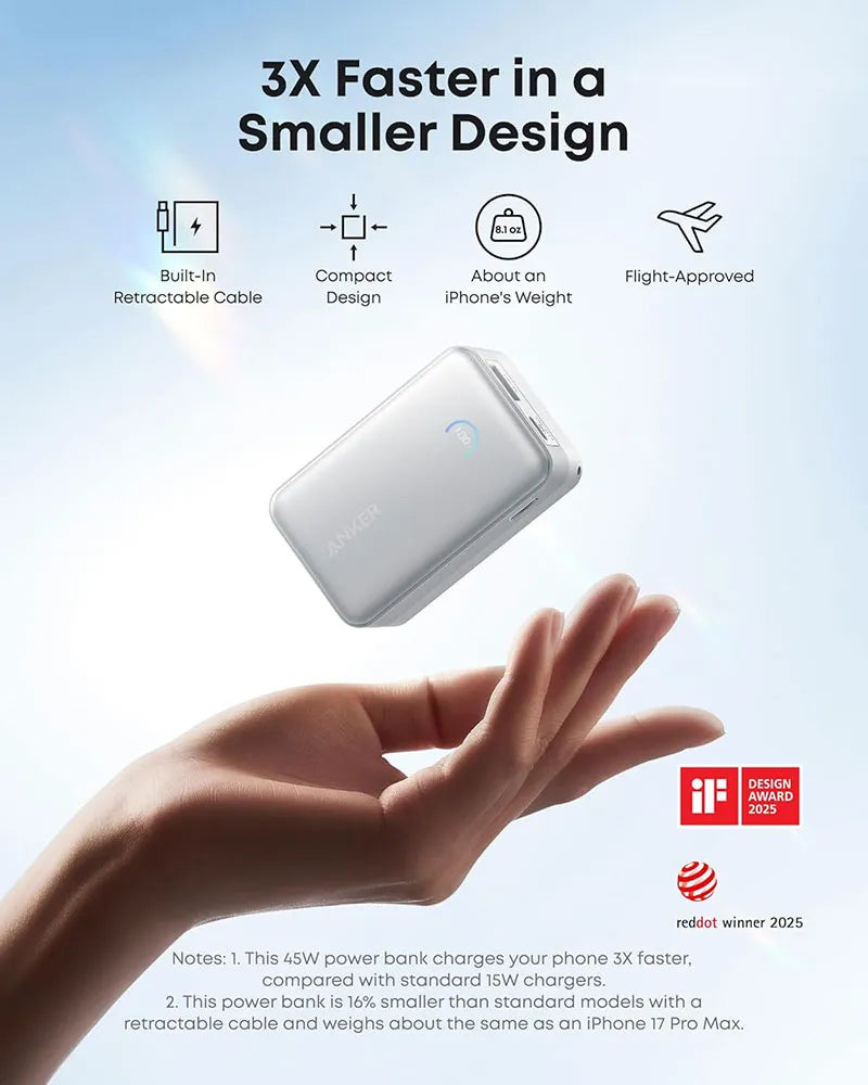 Anker Nano 10K 45W Power Bank with Retractable USB-C Cable A1638H21 Black