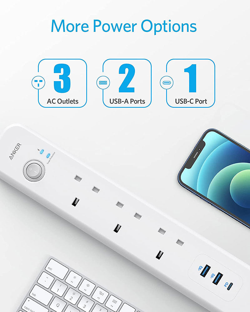 Anker PowerExtend USB-C 3 Strip Power Extension Lead A9136 White