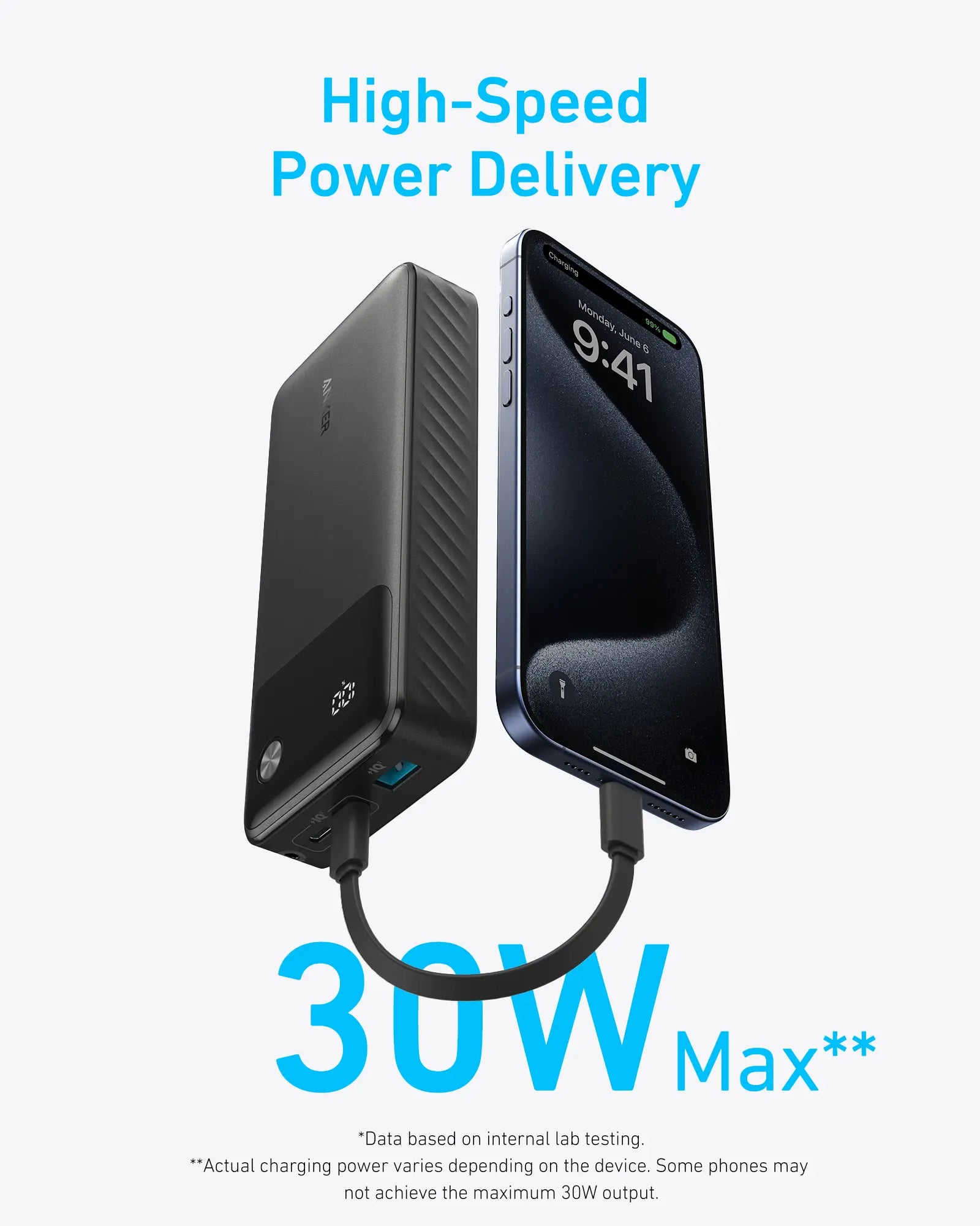 Anker 20K 30W Power Bank with Built-In USB-C Cable A1384H11 Black