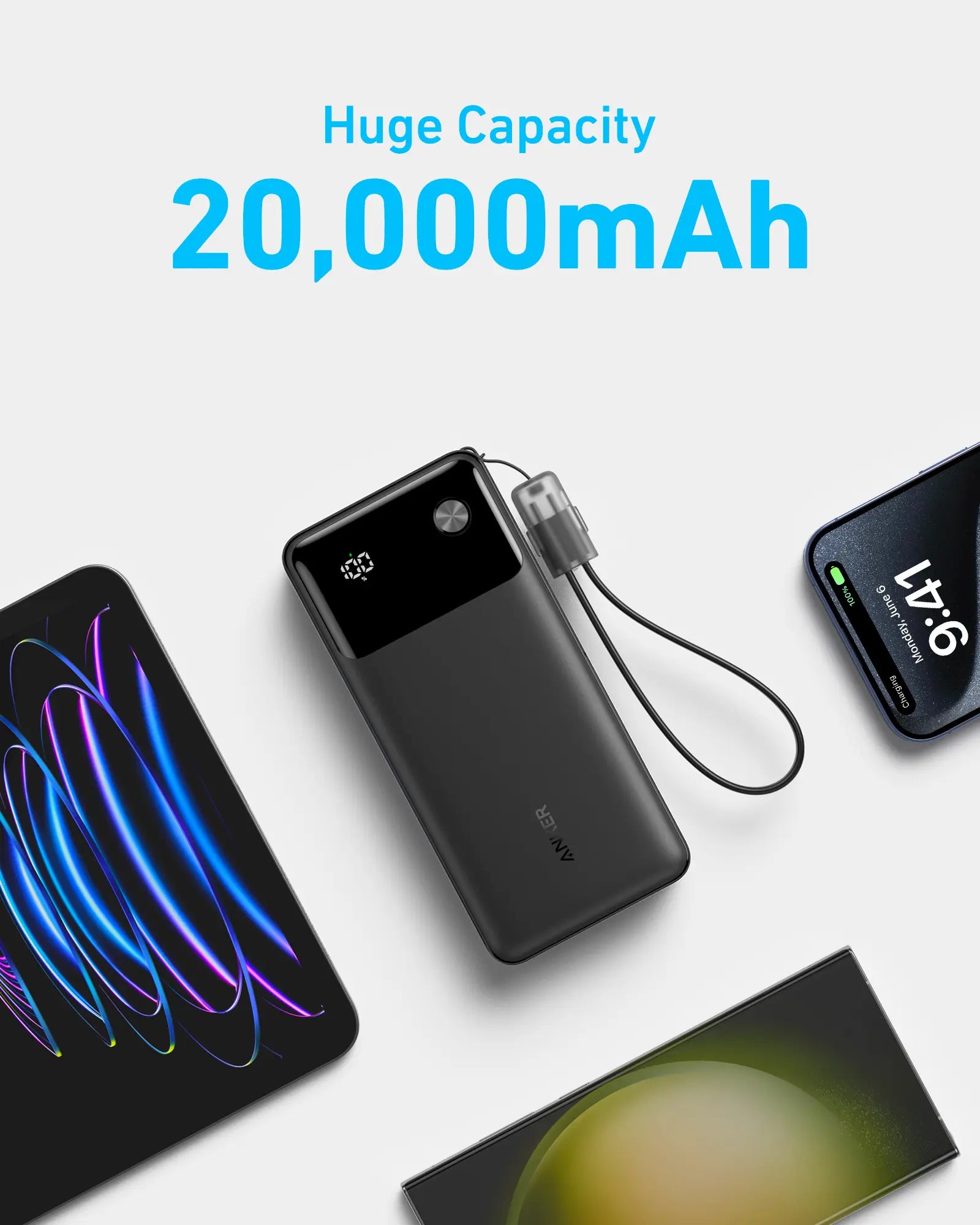 Anker 20K 30W Power Bank with Built-In USB-C Cable A1384H11 Black