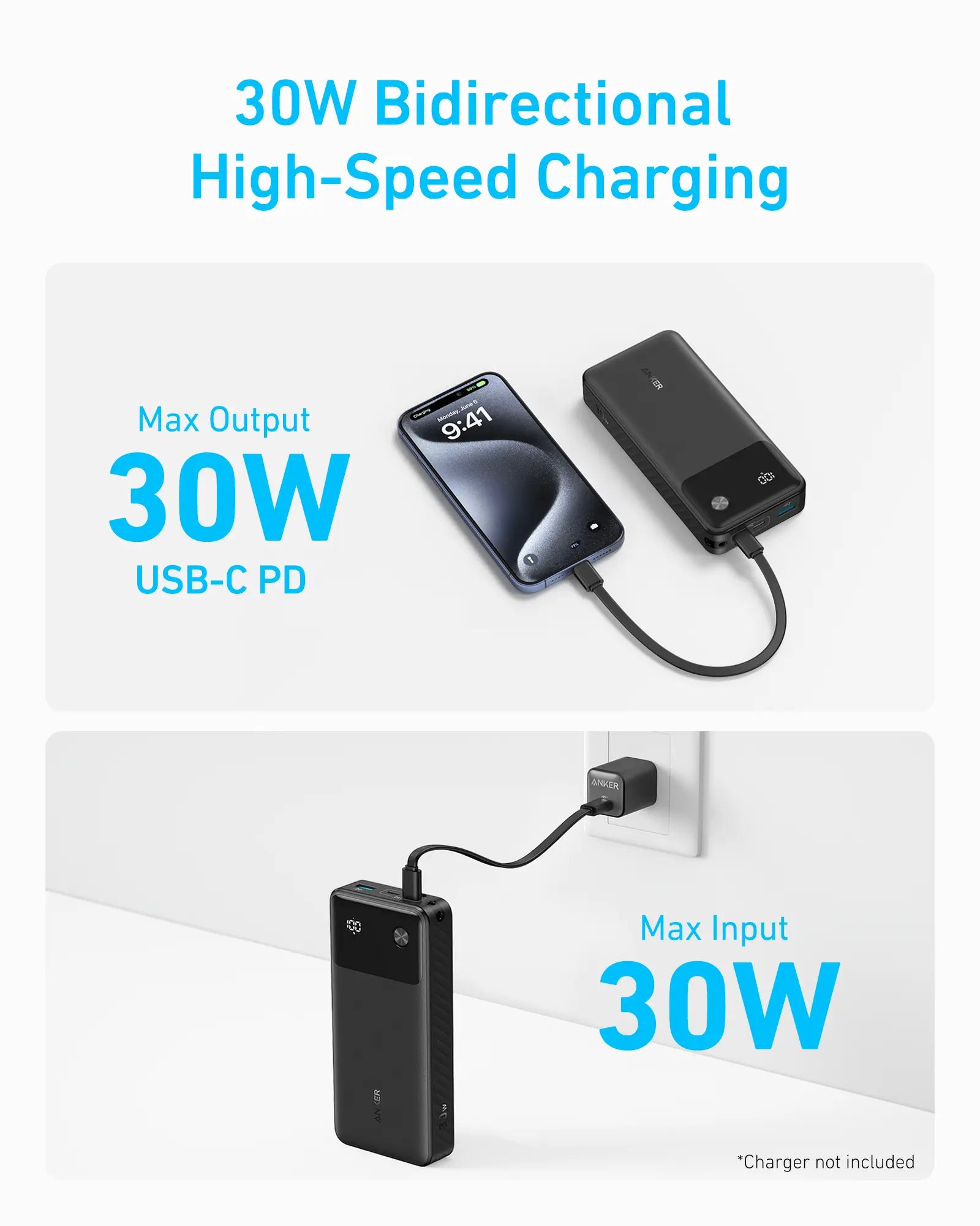 Anker 20K 30W Power Bank with Built-In USB-C Cable A1384H11 Black