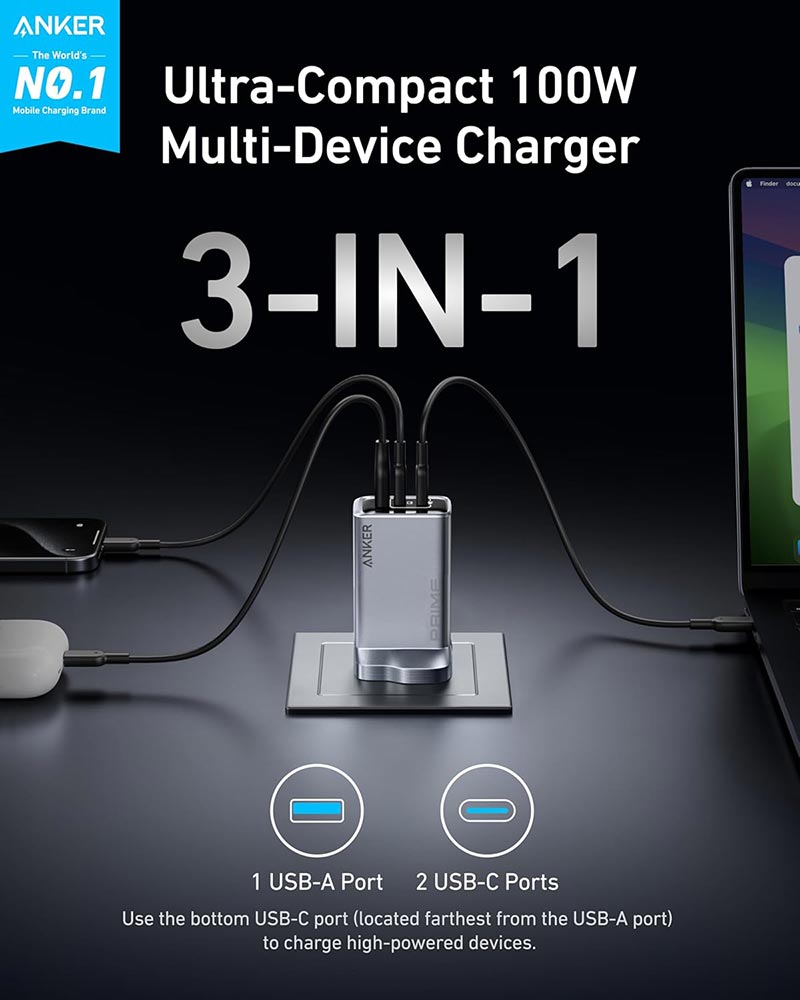 Anker Prime 100W 3-Port GaN Wall Charger A2688241 Black