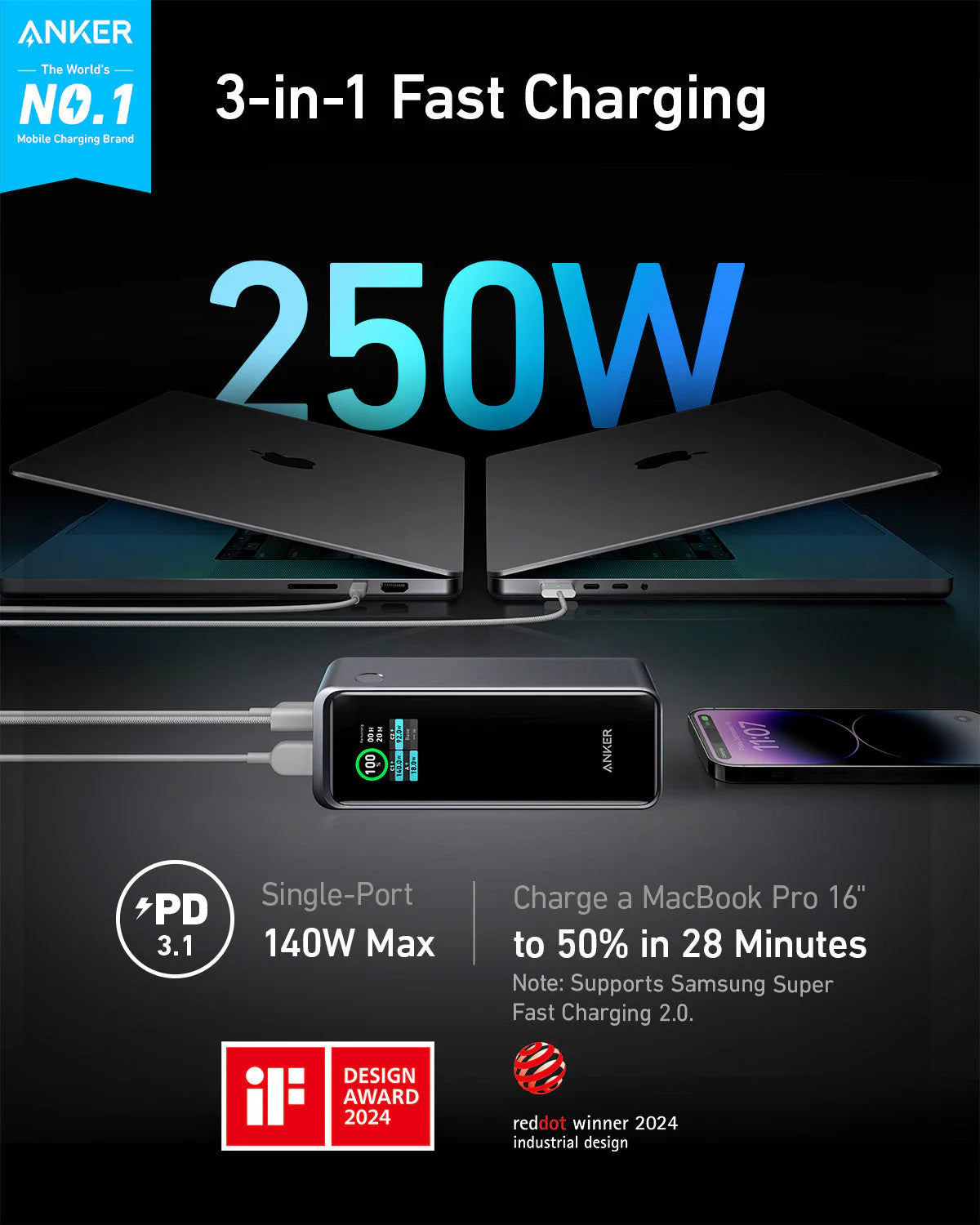 Anker Prime 27,650mAh Power Bank 250W with 100W Charging Base B1340211 Black