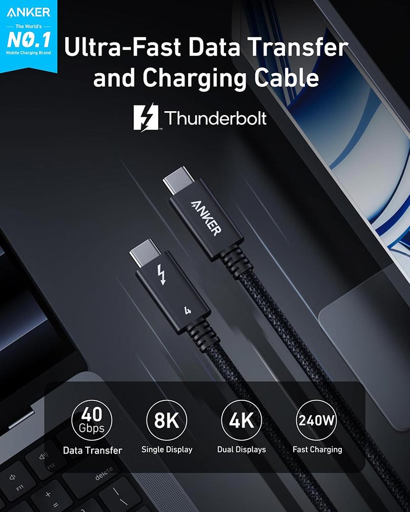 Anker Prime Thunderbolt 4 Cable (3.3ft 240W 40Gbps 8K Braided) A84N0011 Black