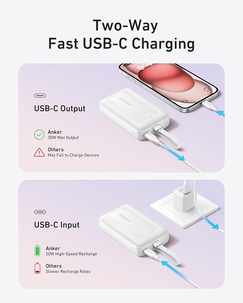 Anker Zolo 30W 10,000mAh High-Speed Power Bank with Built-in USB-C Cable A1688H11 Black