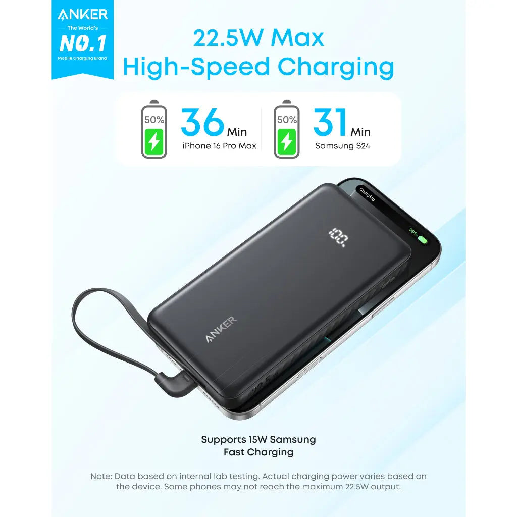 Anker Zolo 10,000mAh 22.5W Power Bank with Built-in USB-C Cable A110DH11 Black