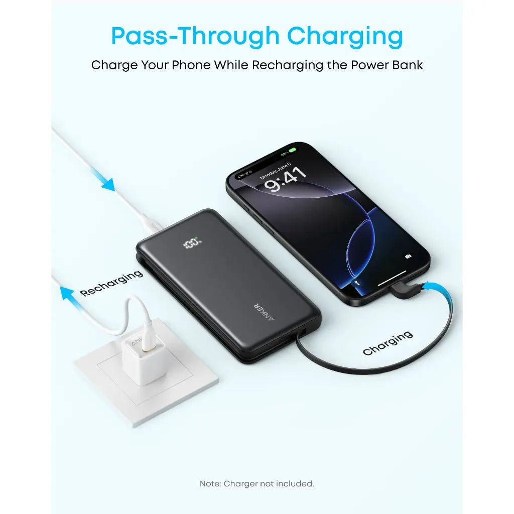 Anker Zolo 10,000mAh 22.5W Power Bank with Built-in USB-C Cable A110DH11 Black