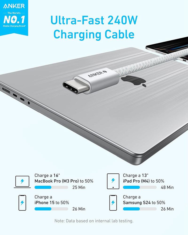Anker Zolo 6ft 240W USB-C to USB-C Braided Dirt-Resistant Cable A8060H22 White