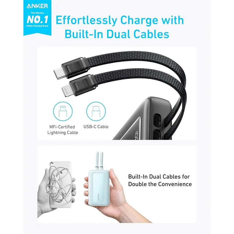 Anker Zolo 10K 30W Power Bank with Built-in USB-C and Lightning Cable A1680H21 White