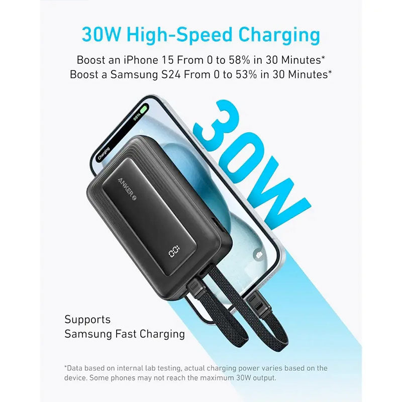 Anker Zolo 10,000mAh 30W Power Bank with Built-in USB-C and Lightning Cable A1680H11 Black