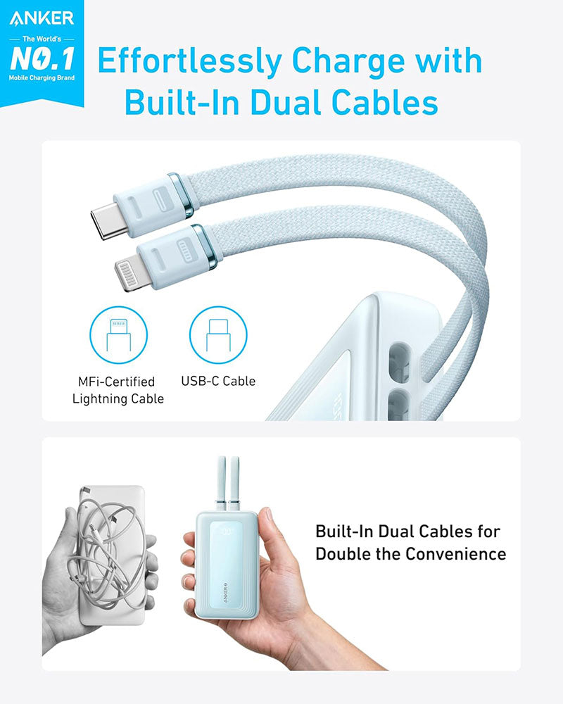 Anker Zolo 10,000mAh 30W Power Bank with Built-in USB-C and Lightning Cable A1680H31 Blue