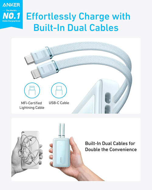 Anker Zolo 10,000mAh 30W Power Bank with Built-in USB-C and Lightning Cable A1680H31 Blue