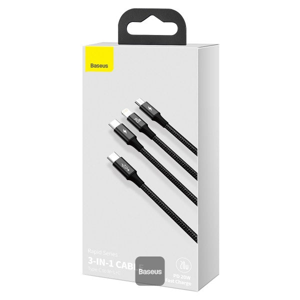Baseus Rapid Series 3-in-1 Fast Charging Cable 20W 4.9ft Black CAMLT-SC01