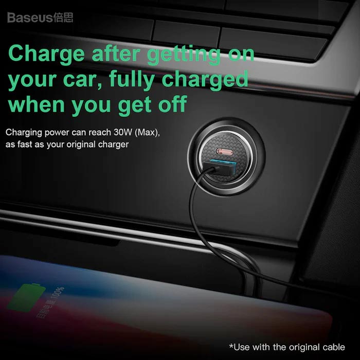 Baseus Square Metal PPS 30W USB A+C 2-in-1 Car Charger Black CCALL-YS01