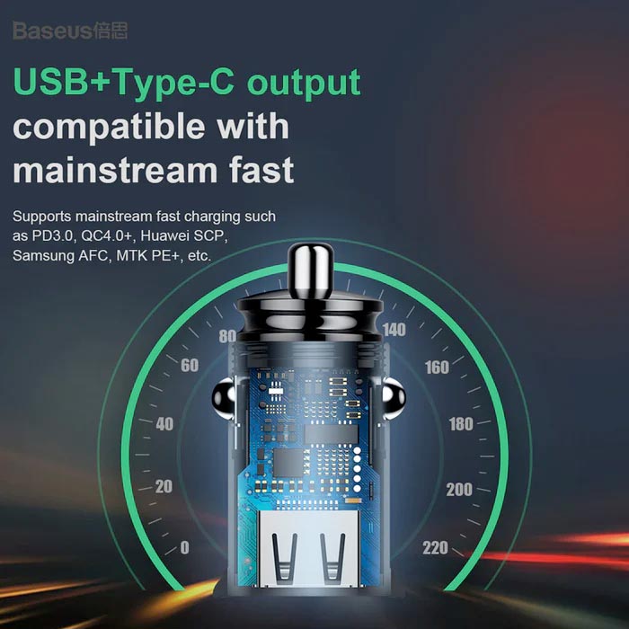 Baseus Square Metal PPS 30W USB A+C 2-in-1 Car Charger Black CCALL-YS01