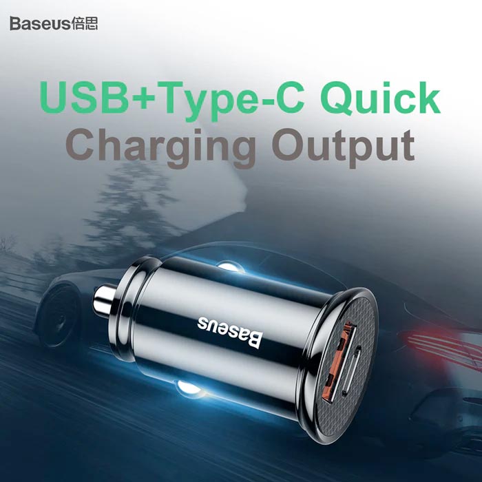 Baseus Square Metal PPS 30W USB A+C 2-in-1 Car Charger Black CCALL-YS01
