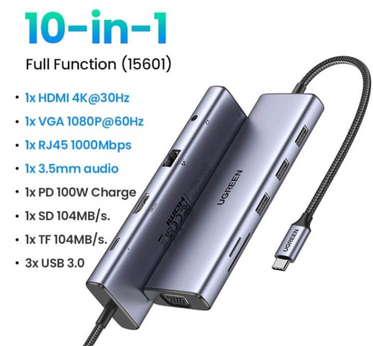 UGREEN CM498 15601 USB-C 10-in-1 Docking Station 4K HDMI VGA 100W PD