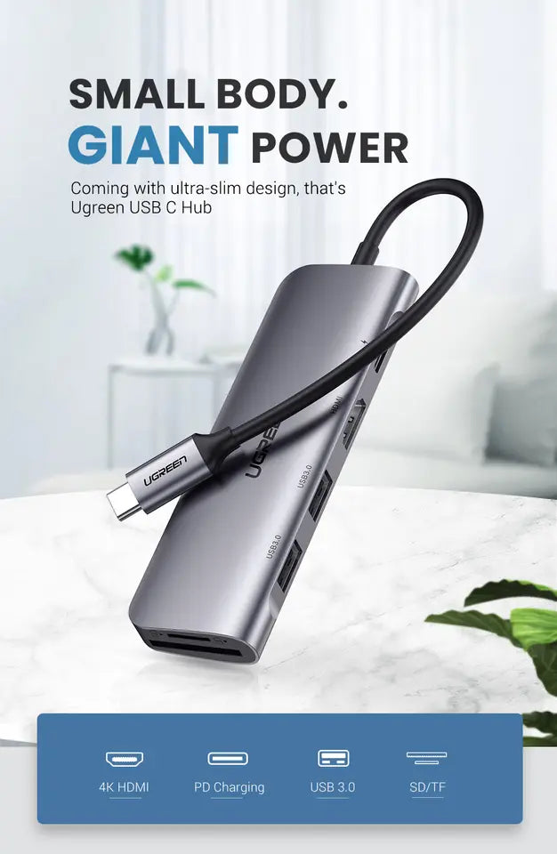 UGREEN CM136 70495 5-in-1 USB-C Hub 4K HDMI 100W PD 3x USB 3.0 Gray