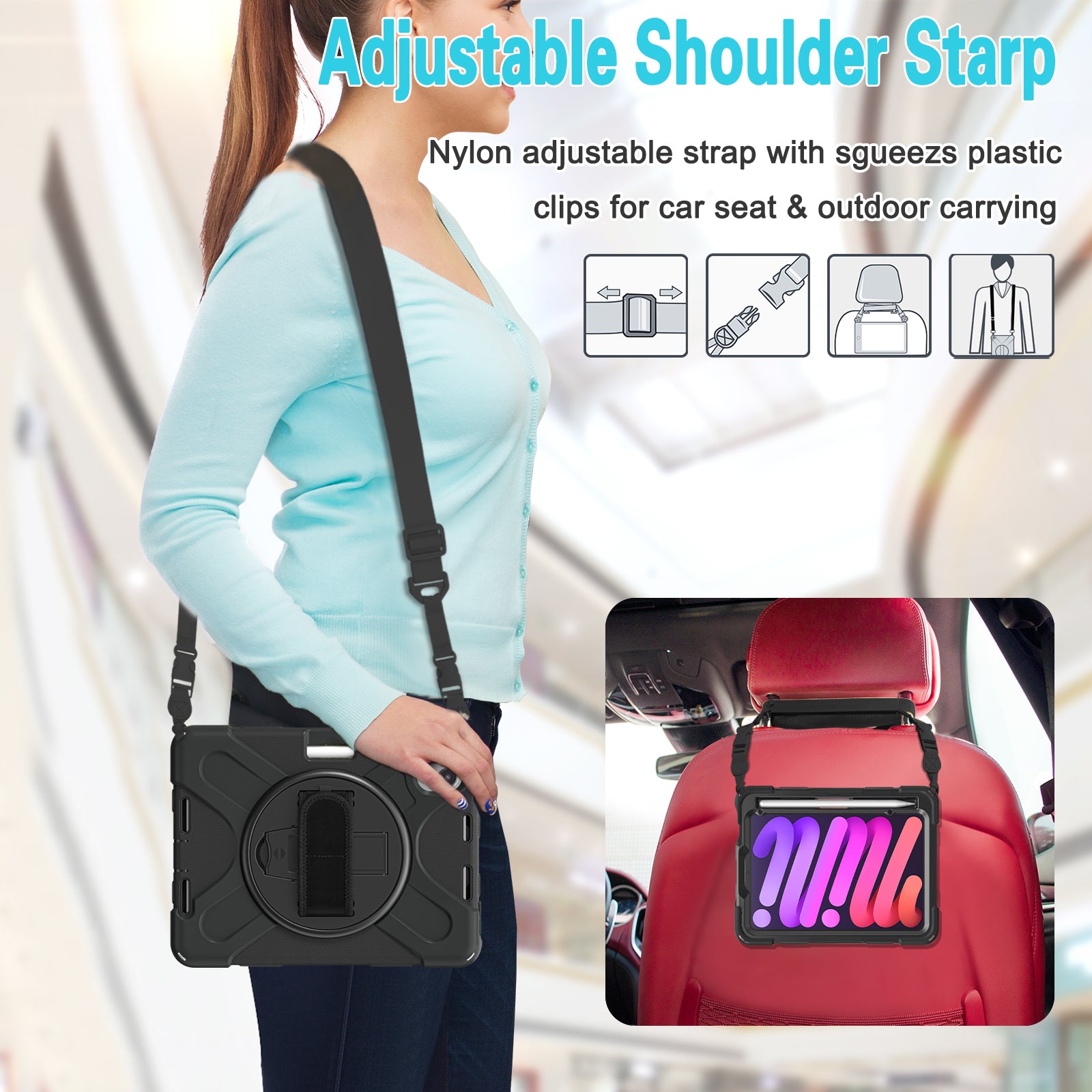 iPad Mini 6 7 8.3 Inch Heavy Duty Shockproof Stand Case Cover with Strap & Pen Slot