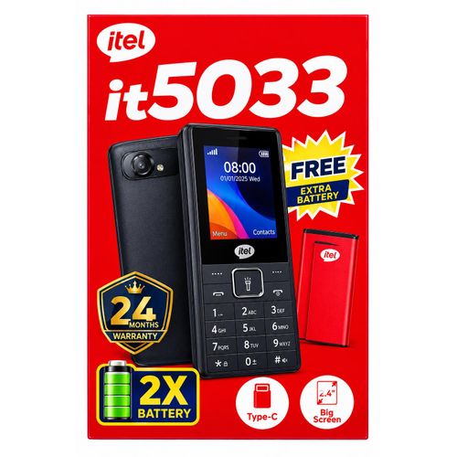 Itel 5033, 2.4" Big Screen Battery, Opera Mini, Type-C, Ultra Slim Design, 2000mAh Battery - Black