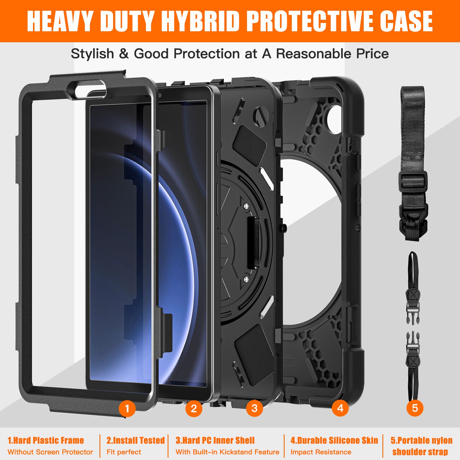 Samsung Galaxy Tab A9 8.7 Inch Heavy Duty Shockproof Stand Case Cover with Strap