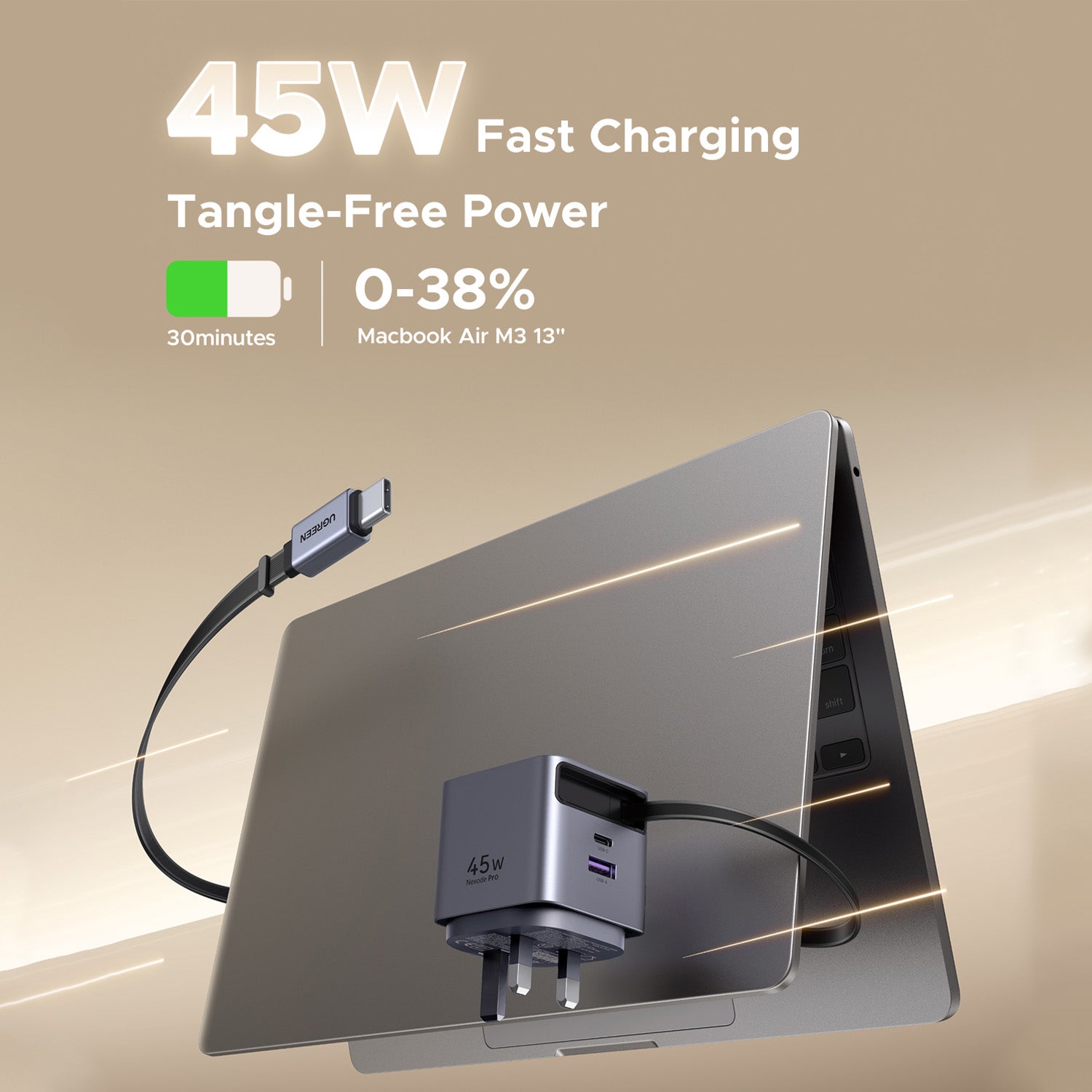 UGREEN X614 45W Nexode Pro GaN Dual Port Fast Charger with Retractable Cable 65823