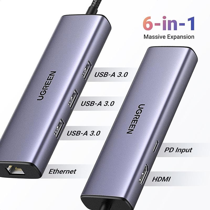 UGREEN CM512 UG-15598 6-in-1 USB-C Hub HDMI RJ45 100W PD Gray