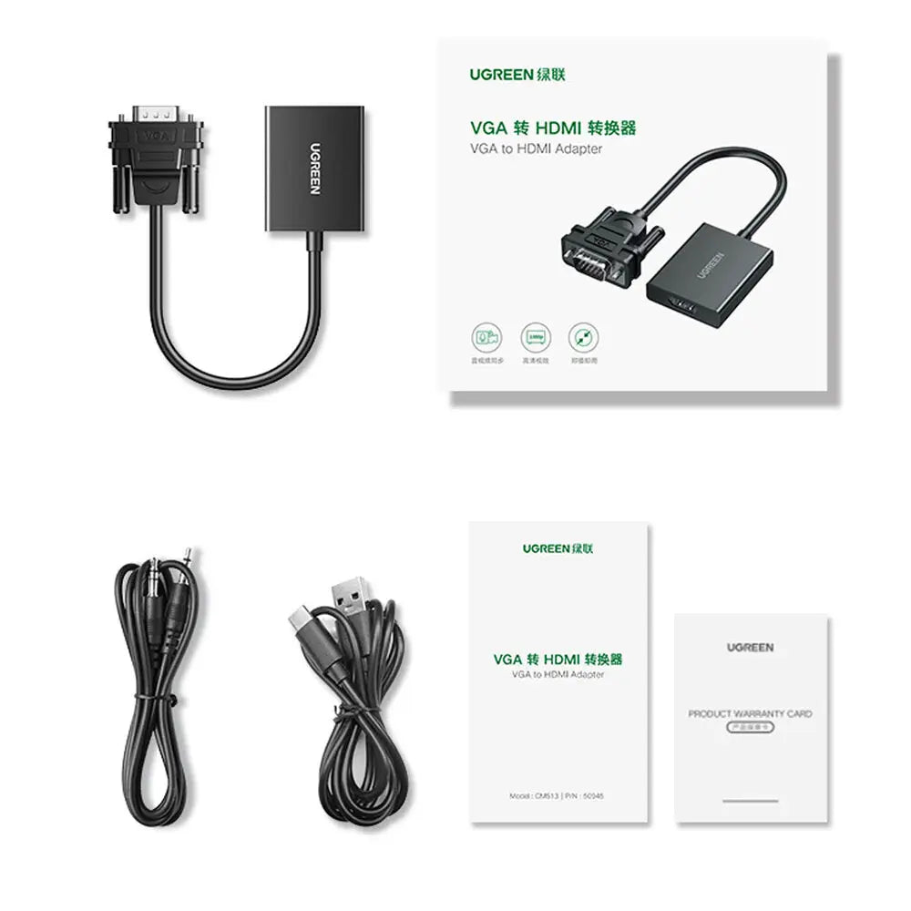 UGREEN CM513 50945 VGA Male to HDMI Female Converter 1080P 60Hz with USB-C Power and 3.5mm Audio