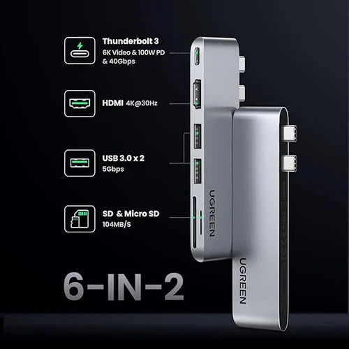 UGREEN CM380 80856 6-in-2 USB-C Hub HDMI USB 3.0 SD TF Card Reader Adapter
