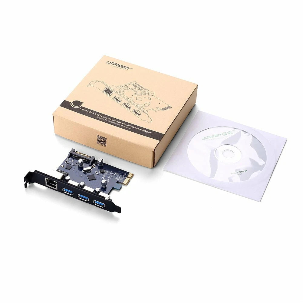 UGREEN PCI Express 3-Port USB 3.0 Card Gigabit LAN Adapter Converter for Desktop PC