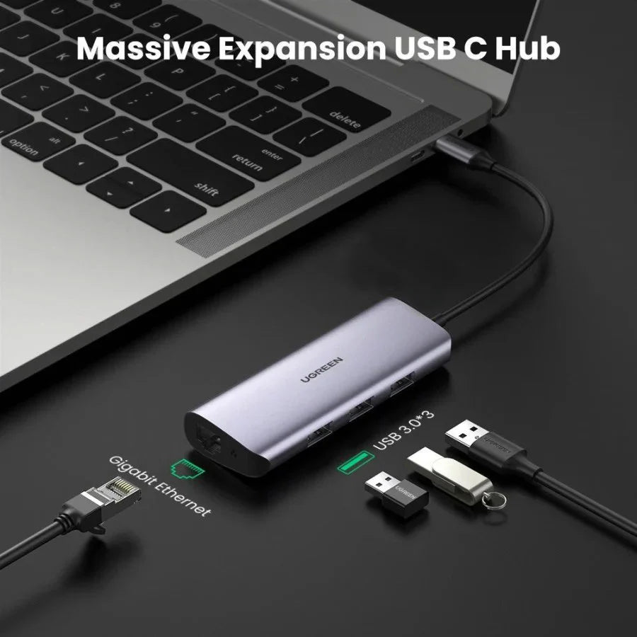UGREEN CM252 60717 USB-C 5-in-1 Docking Station with 3 USB 3.0 Ports Gigabit Ethernet and 100W PD Gray