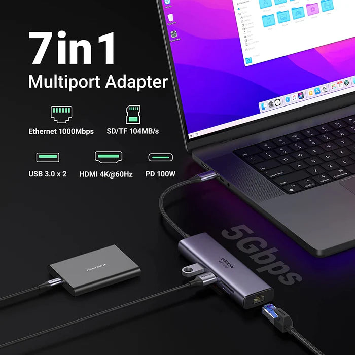 UGREEN CM512 60515 7-in-1 USB-C Hub 4K HDMI 100W PD Gray