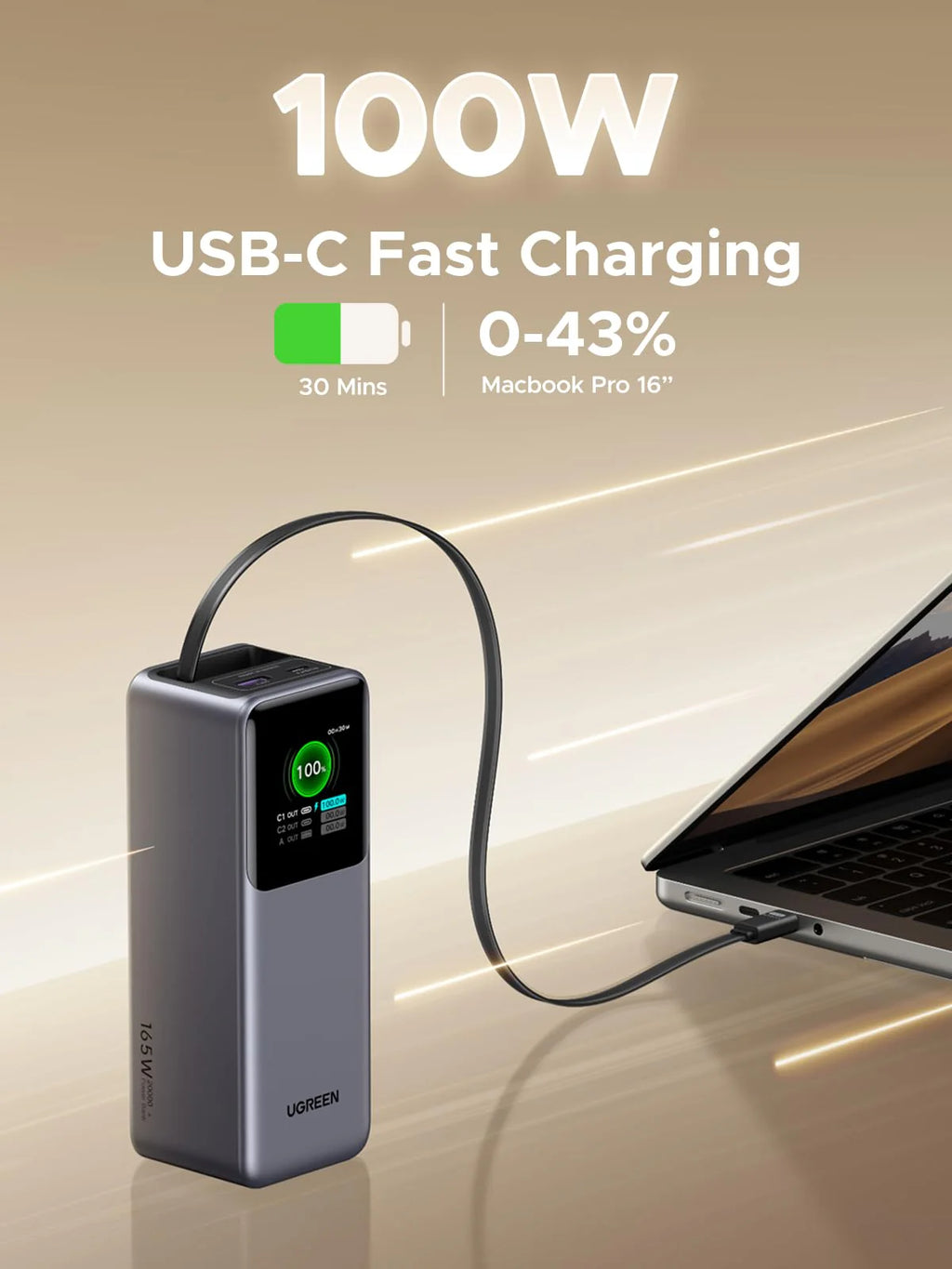 UGREEN PB726 55987B 20000mAh 165W Laptop Power Bank with Retractable Cable