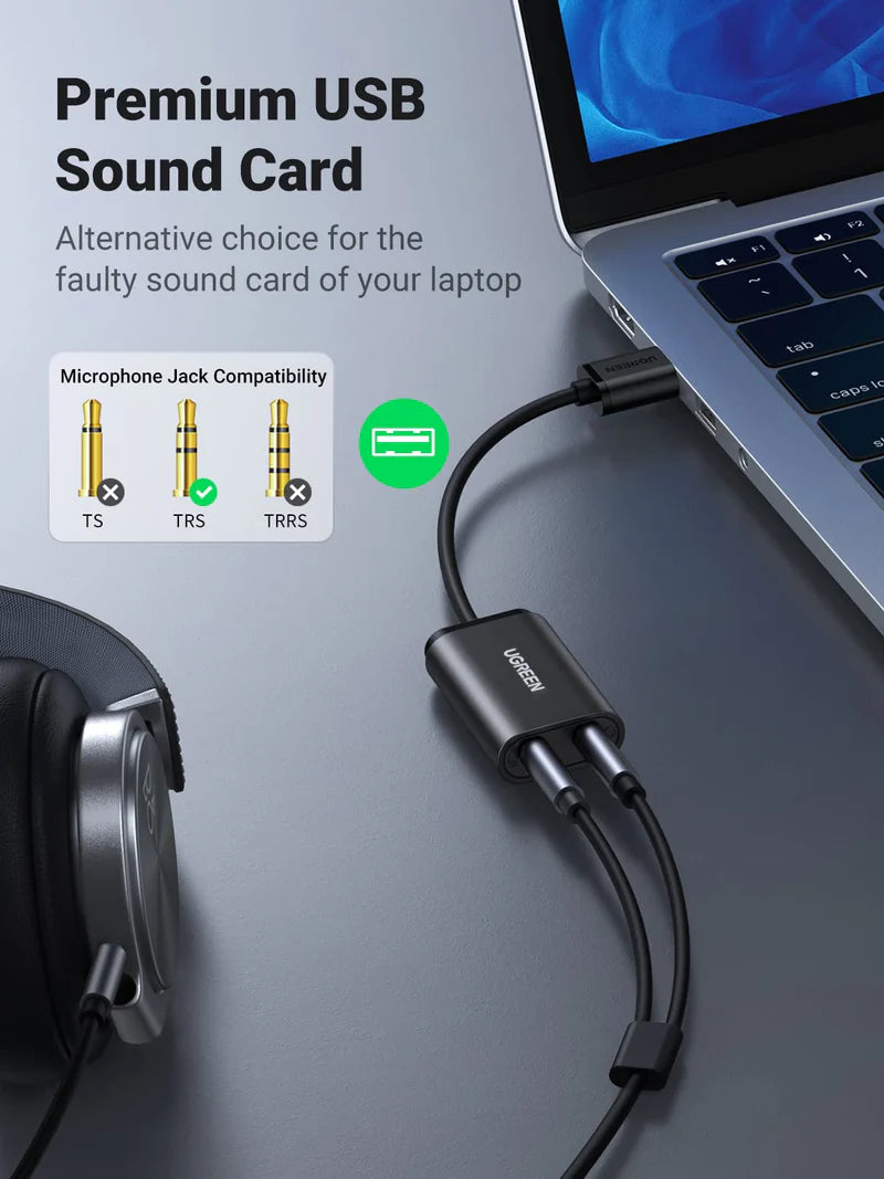 UGREEN US205 30724 USB 2.0 External Stereo Sound Card Adapter 3.5mm Headphone Microphone Jack