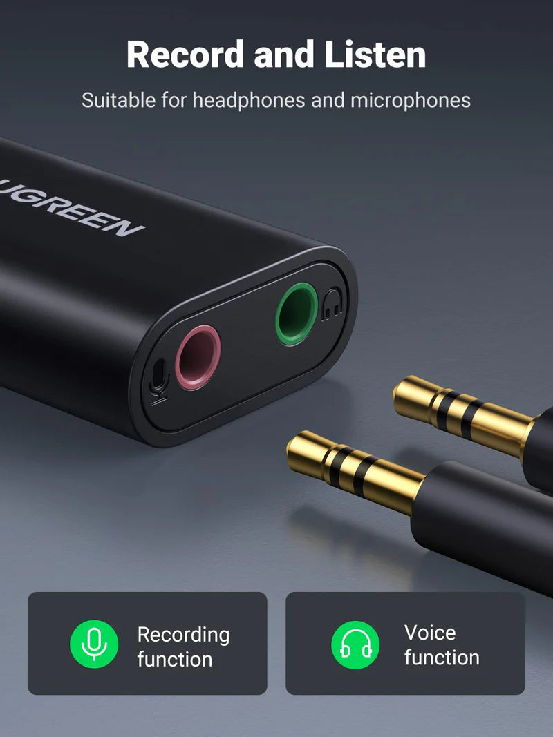 UGREEN US205 30724 USB 2.0 External Stereo Sound Card Adapter 3.5mm Headphone Microphone Jack
