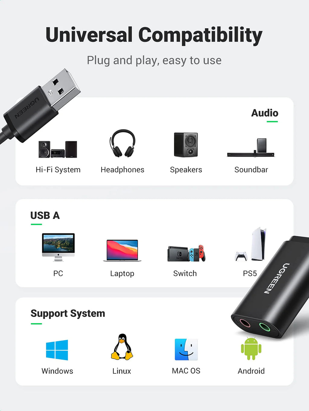 UGREEN US205 30724 USB 2.0 External Stereo Sound Card Adapter 3.5mm Headphone Microphone Jack